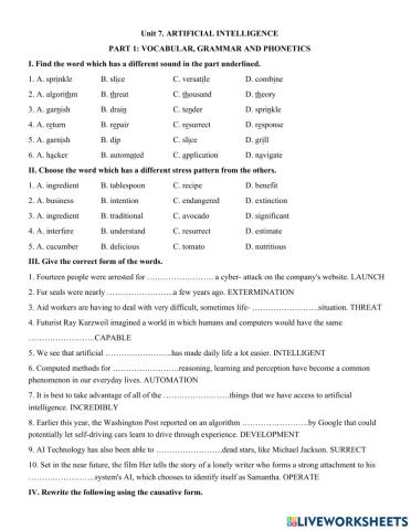 Unit 7. ARTIFICIAL INTELLIGENCE  PART 1: VOCABULAR, GRAMMAR AND PHONETICS