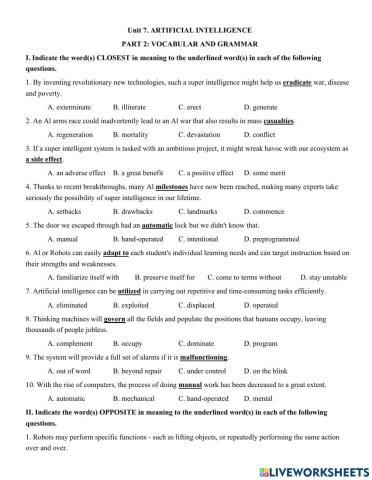 Unit 7. ARTIFICIAL INTELLIGENCE  PART 2: VOCABULAR AND GRAMMAR