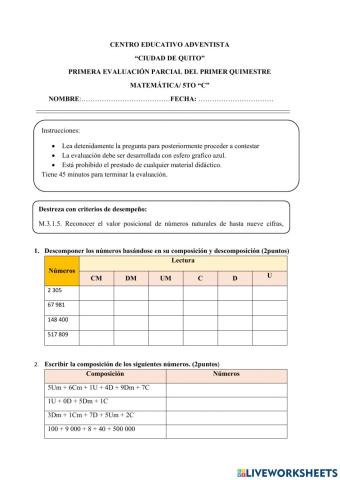 Prueba Parcial de Matemática de 5to