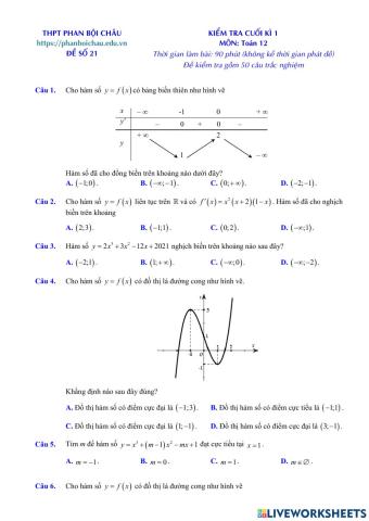 Toán 12 - Kiểm tra CK1 - Đề số 03 (100- TN)