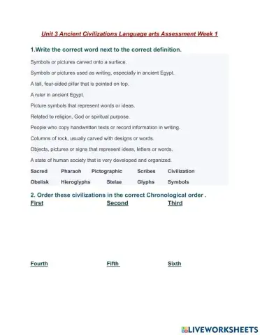 Unit 3 ancient civilizations Language arts Week 1 Assessment