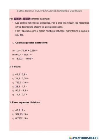 Suma, resta i multiplicació de nombres decimals