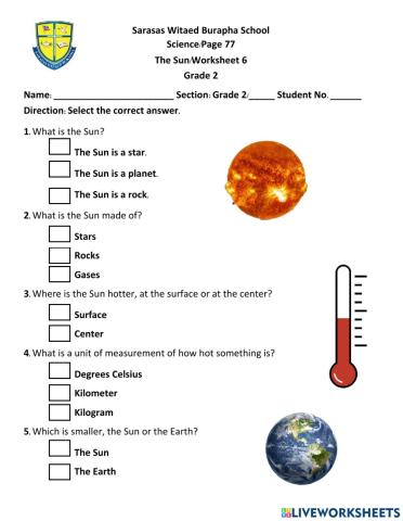 Science, Worksheet 6, The Sun