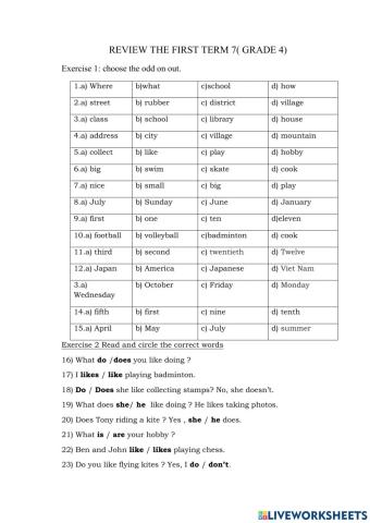 Review the first term 7( grade 4)