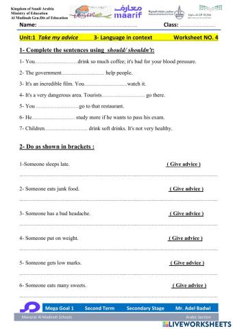 Mega Goal 1 Second Term Unit 2 Take My advice 3-Language in context