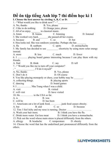Đề kiểm tra tiếng anh 7 hk1