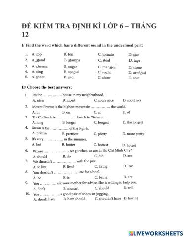 Monthly test - Grade 6 - Month 12