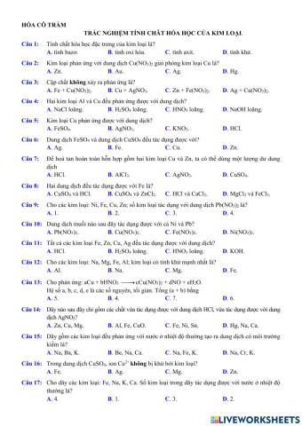 Trac nghiem tính chat hóa học của kim loại