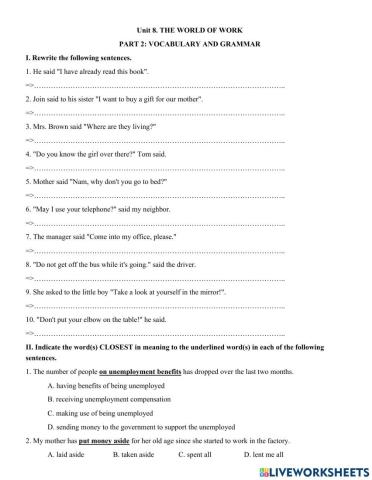 Unit 8. THE WORLD OF WORK - KEY PART 2: VOCABULARY AND GRAMMAR