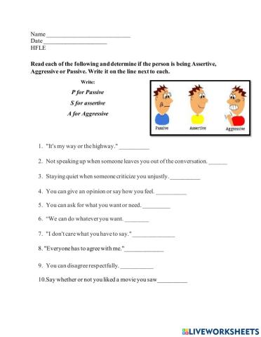 HFLE Worksheet Assertive-Refusal to Sexual Advances