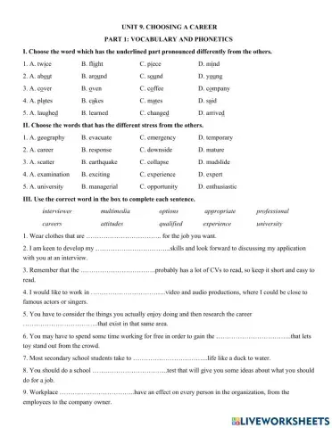 Unit 9. CHOOSING A CAREER - PART 1: VOCABULARY AND PHONETICS
