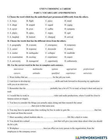 Unit 9. CHOOSING A CAREER - PART 1: VOCABULARY AND PHONETICS