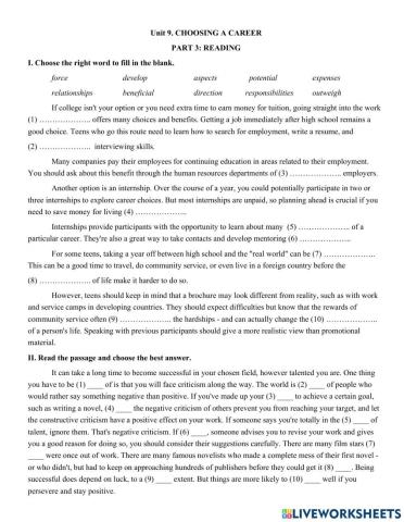 Unit 9. CHOOSING A CAREER  PART 3: READING