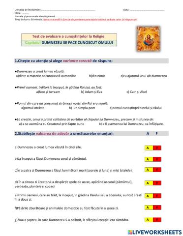 Test de evaluare - DUMNEZEU SE FACE CUNOSCUT OMULUI