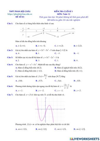Toán 12 - Kiểm tra CK1 - Đề số 04 (100- TN)