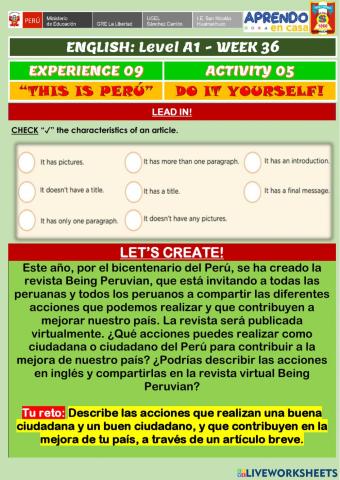 Week 36 - ENGLISH A1 - Experience 9 - Activity 5. Do it yourself!