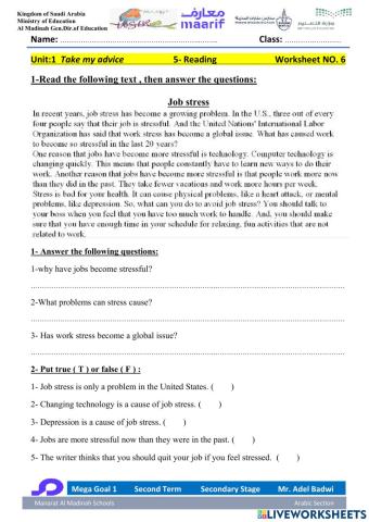 Mega Goal 1 Second Term Unit 2 Take My advice 5- Reading