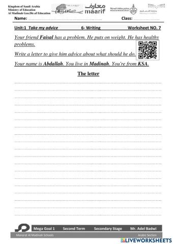 Mega Goal 1 Second Term Unit 2 Take My advice 6-Writing