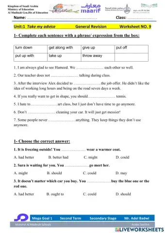 Mega Goal 1 Second Term Unit 2 Take My advice Revision