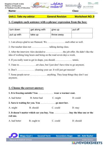 Mega Goal 1 Second Term Unit 2 Take My advice Revision