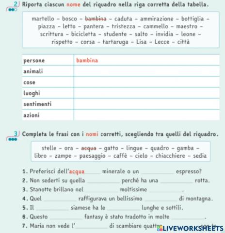 Inserisci i nomi della stessa categoria negli spazi