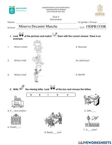 Cuestionario Mensual de Inglés - 1er. Grado - Diciembre