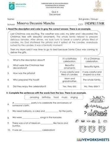 Cuestionario Mensual de Inglés - 3er. Grado - Diciembre