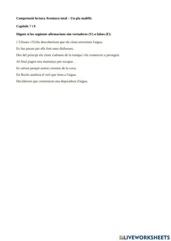 Comprensió lectora Aventura total - un pla malèfic Capítol 7 I 8
