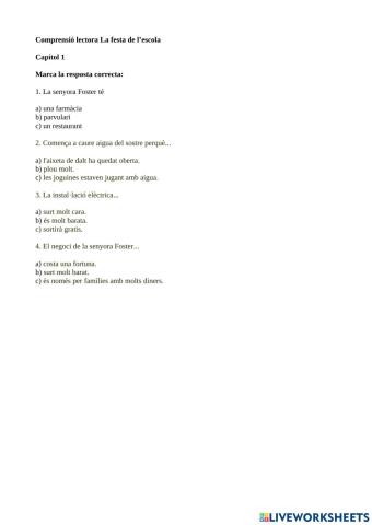 Comprensió lectora La festa a l'escola Capítol 1