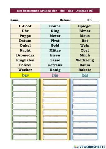 Der bestimmte Artikel der - die -das Aufgabe 05