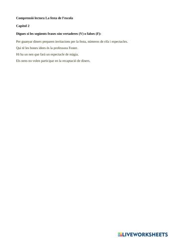 Comprensió lectora La festa a l'escola Capítol 2