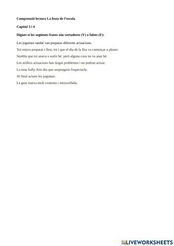 Comprensió lectora La festa a l'escola Capítols 3i4