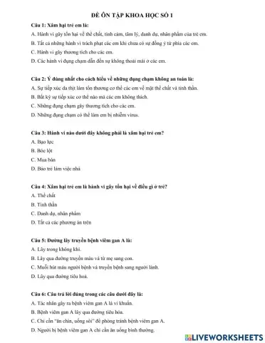 Đề ôn tập cuối học kì I môn Khoa học