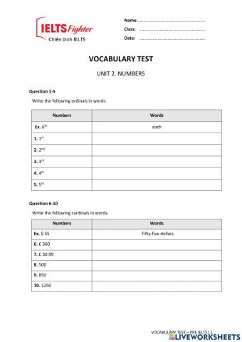 Vocab test 2. unit 2. listening. numbers