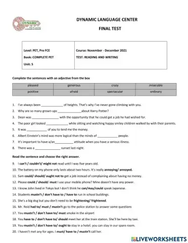 Pet test - unit 5 - complete pet