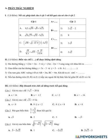 Trắc nghiệm HK1 Toán 9 16