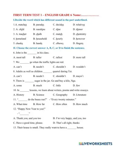 First term exam - english- grade 6