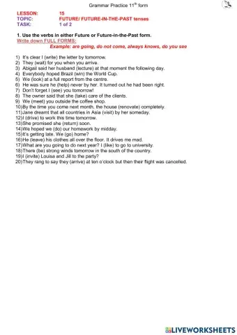 Future and Future in the past (L15 11th) ex1