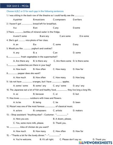SGK7-Unit 6-Bài tập Trắc Nghiệm