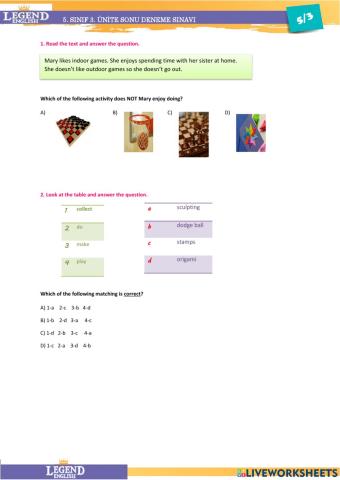 5th Grade Legend Beceri Temelli 10 Soru