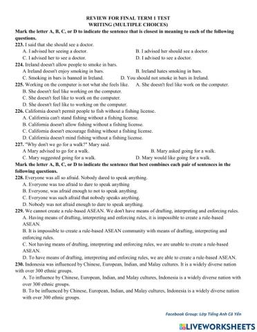 Review for Final term 1 test - Writing