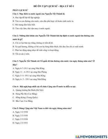 Đề ôn tập cuối học kì I môn Sử-Địa