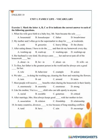 ENGLISH 10 - REVIEW UNIT 1: VOCABULARY