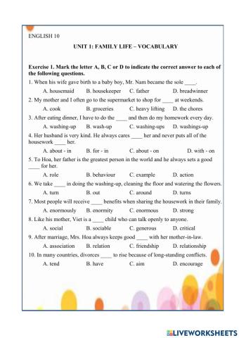 ENGLISH 10 - REVIEW UNIT 1: VOCABULARY