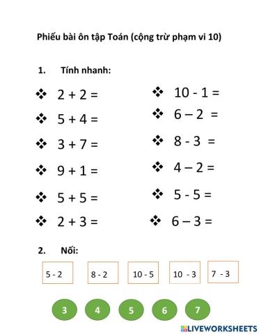 Bài ôn tập phép cộng trừ trong phạm vi 10