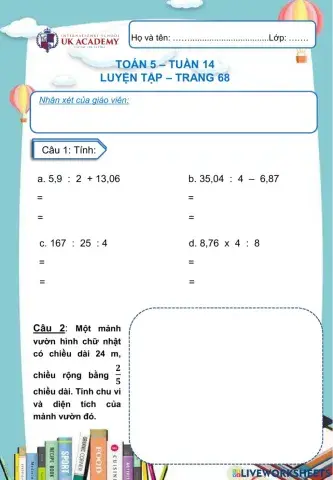 Toán 5 - Luyện tập - Trang 68