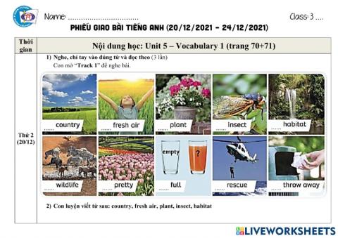 Phiếu giao bài Tiếng Anh tuần từ 20 đến 24.12