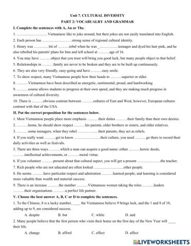Unit 7. CULTURAL DIVERSITY PART 2: VOCABUALRY AND GRAMMAR