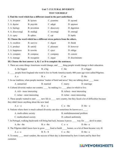 Unit 7. CULTURAL DIVERSITY TEST YOURSELF
