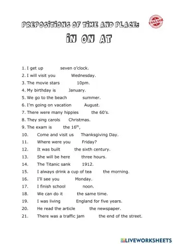 Prepositions of time and place in on at